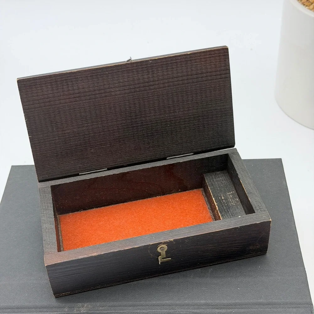 Vintage Dark Wood Trinket Box Orange Felt Lining Latch Closure